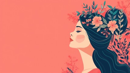 Women's Day illustration with a woman and floral embellishments, perfect for the 8th of March event.