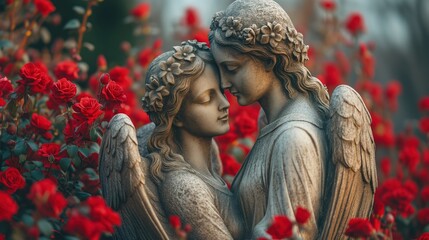 Statue of Two Angels in Red Roses Field at cemetery - A Serene Valentines Day Scene