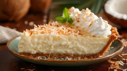A creamy coconut cream pie adorned with whipped cream and toasted coconut flakes. - obrazy, fototapety, plakaty