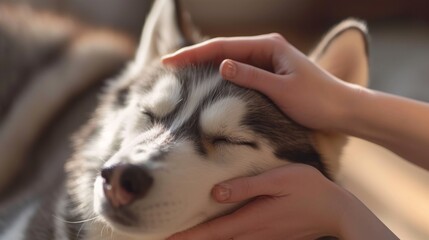 Sleepy dog husky takes a rest on hand under sun