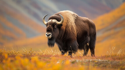Musk ox on a pasture in the wild. Musk ox in Yellowstone. 