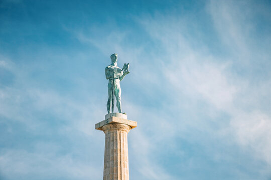 29 November 2023, Belgrade, Serbia: iconic Pobednik statue stands tall atop Kalemegdan Fortress, overlooking the Danube River and symbolizing the city's triumphs.
