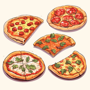 Pizza collection: various pizza slices, pepperoni.