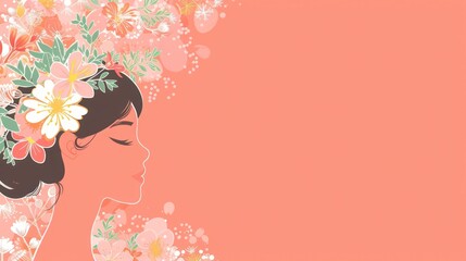 Illustration for Women's Day featuring a woman adorned with floral decoration. Celebrating Women's Day on March 8th.