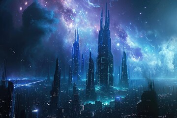 A futuristic cityscape is brilliantly illuminated by countless stars twinkling in the night sky, A futuristic cityscape under a nebula-lit night sky, AI Generated