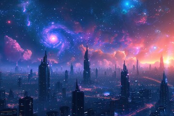 A photograph capturing a city of the future, featuring vibrant hues in the sky and a multitude of stars, A futuristic cityscape under a nebula-lit night sky, AI Generated