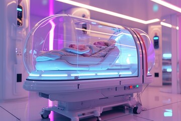 A photo of a hospital bed with a baby resting in it, surrounded by medical equipment and monitors, A futuristic incubator for premature babies, AI Generated - obrazy, fototapety, plakaty