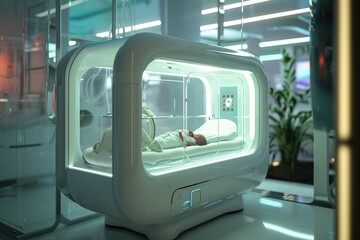 A person lying on a futuristic bed, featuring modern design and advanced technology, A futuristic incubator for premature babies, AI Generated