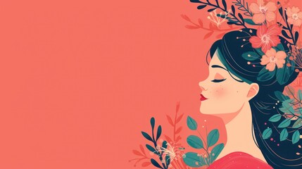 Illustration for Women's Day featuring a woman adorned with floral decoration. Celebrating Women's Day on March 8th.