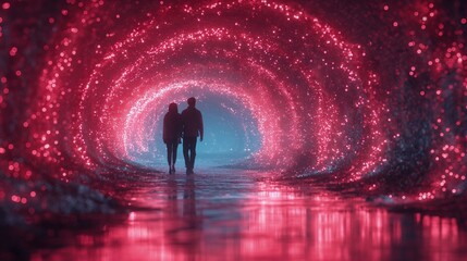 Two People Walking Through a Tunnel of Pink Lights, romantic Scene
