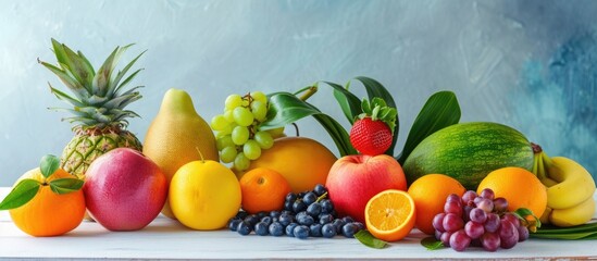 Fresh exotic fruits arranged on a white wooden table with a light blue backdrop.