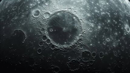 A close-up of a celestial body, showcasing intricate craters and surface features. large copyspace area, offcenter composition.