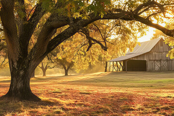 Obraz premium Peaceful countryside, old barn at the end of the day 