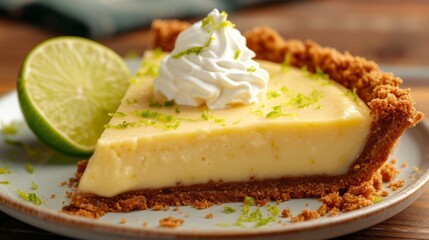 A delightful key lime pie with a zesty lime custard in a graham cracker crust
