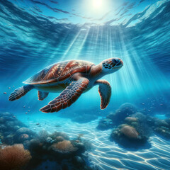 Obraz premium a sea turtle swimming in the water