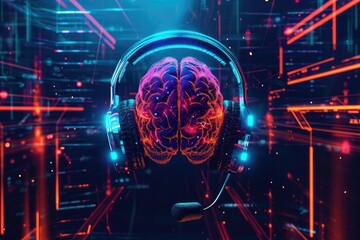 A pair of headphones featuring a brain in the middle, showcasing the merging of technology and cognitive processes, A futuristic scenario of podcasts being streamed directly into brains, AI Generated - Powered by Adobe