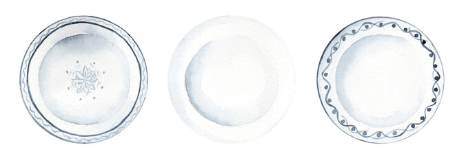 Watercolor set of illustrations ceramic white plates. Vintage tableware collection isolated on white background. Drawing for designing menus and postcards