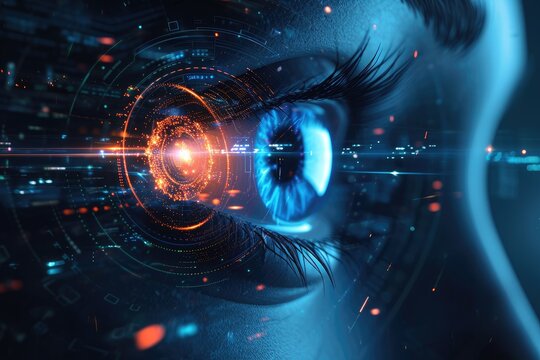 A detailed view of a persons eye set against a futuristic backdrop, A futuristic visualization of AI-driven marketing strategies, AI Generated