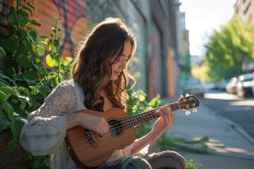 A woman sits on the sidewalk, strumming a guitar and creating lively music, A girl playing a...
