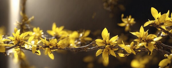 yellow flowers on a branch in front of a black background
