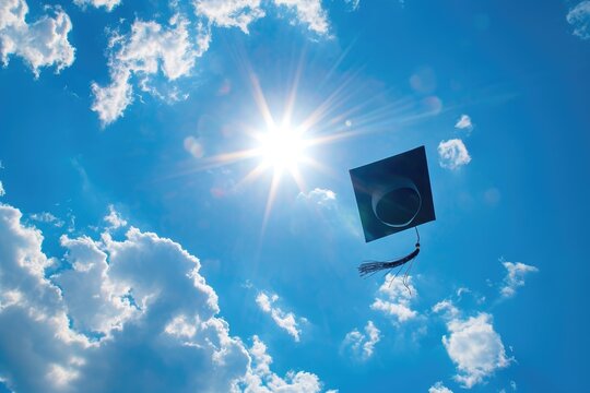 A graduation cap is seen flying through the air with the radiant sun in the backdrop, A graduation cap being tossed into the sky, AI Generated