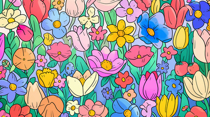 Spring nature doodle background image. Drawing in the theme of spring and flowers.