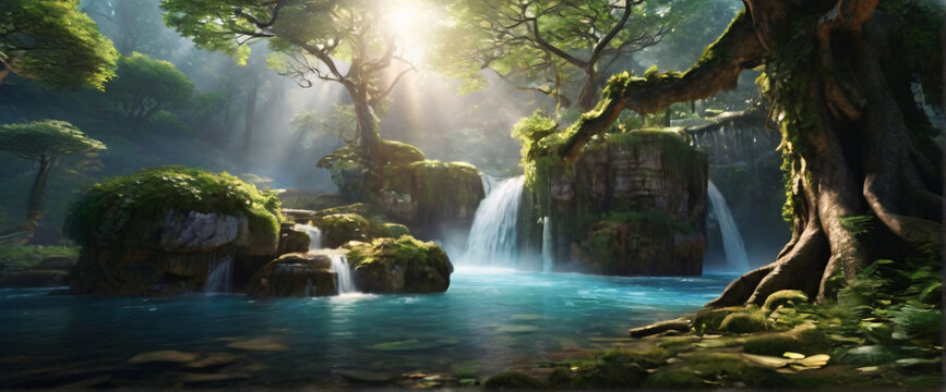 a mystical forest with towering ancient trees, glowing mushrooms, and a sparkling waterfall, rendered in stunning 3D realism, transporting you to a fantasy world filled with magic and wonder	