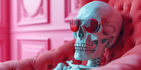 Stylish Skull with Red Sunglasses in a Vibrant Red Room - Modern Art Conceptual Photography