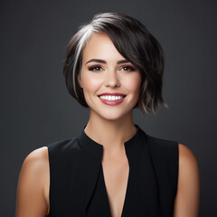 Fototapeta premium portrait of a smiling woman with a modern hair cut. Black background and black blouse. Business advertisement. 
