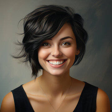 portrait of a smiling woman with a modern hair cut. Black background and black blouse. Business advertisement. 