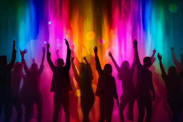 Group of people standing and raising hands in Silhouettes style, Silhouettes of people dancing, A concept photograph of party and festivity in silhouette form on abstract colorful Bokeh background