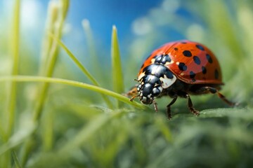 A close-up capture of a ladybug in exquisite detail, set against a softly blurred backdrop of grasses