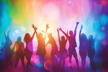 Group of people standing and raising hands in Silhouettes style, Silhouettes of people dancing, A concept photograph of party and festivity in silhouette form on abstract colorful Bokeh background