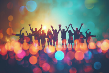 Group of people standing and raising hands in Silhouettes style, Silhouettes of people dancing, A concept photograph of party and festivity in silhouette form on abstract colorful Bokeh background