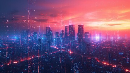 A holographic city skyline, showcasing futuristic architecture and advanced technological landscapes. - obrazy, fototapety, plakaty