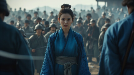Fototapeta premium In ancient China, a determined woman clad in traditional blue attire stands with a combat-armored army at her back.