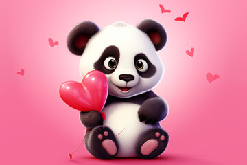 Cute panda bear holding a red heart balloon. Valentine's day background. Generative Ai