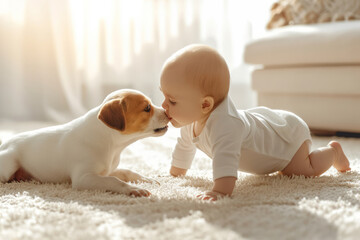 Baby kid kiss puppy dog in nose in living room at home. Friendship with domestic pet