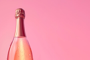 Pink champagne bottle on pastel background. Party background with sparkling wine, bubbling rose champagne, celebration concept. Girls only party, bachelorette, hen night. Minimal composition