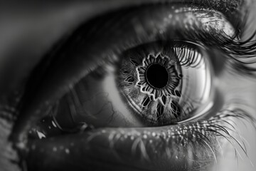 A close-up photograph showcasing the intricate details of a persons eye against a black and white background, A grayscale rendition of an eye injury, AI Generated - Powered by Adobe