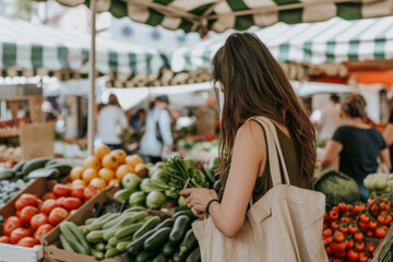 A bustling farmers market, a woman shops for fresh, organic produce, using her reusable eco bags, demonstrating her commitment to supporting local farmers and reducing plastic waste