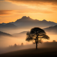  Lone Tree Silhouette in Foggy Mountain Sunset