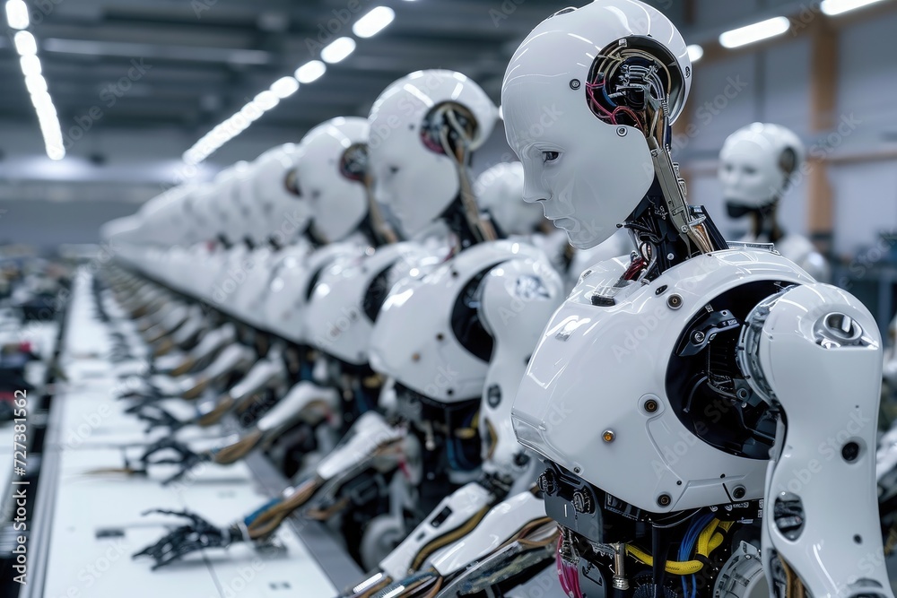 Poster a line of white robots sits atop a conveyor belt, ready for automated processes, a group of robots i