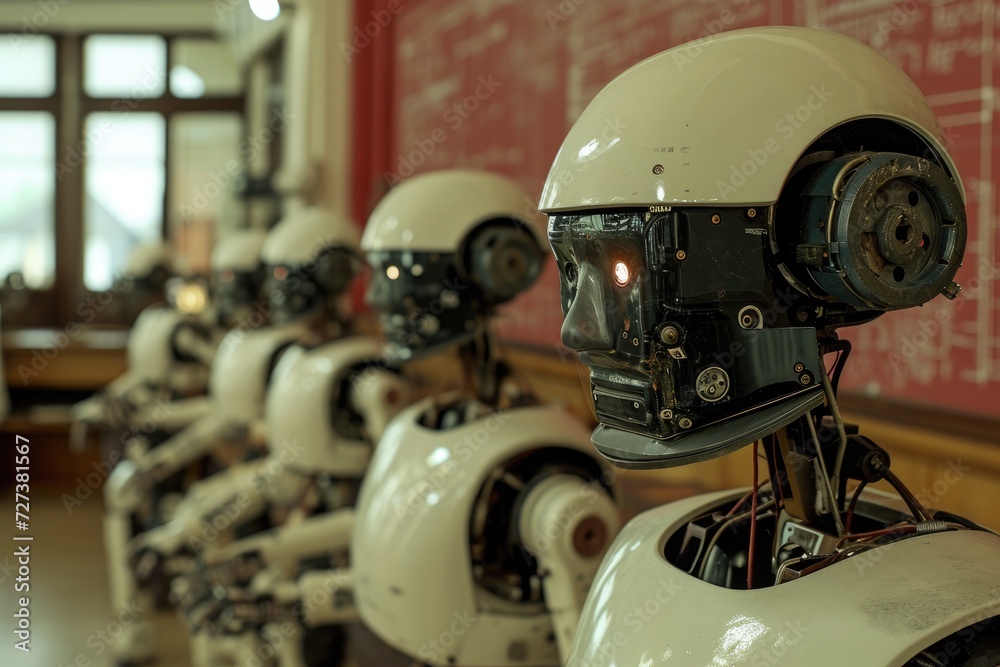 Poster a group of white robots neatly arranged in a row inside a room, a group of robots in a robotics lab,