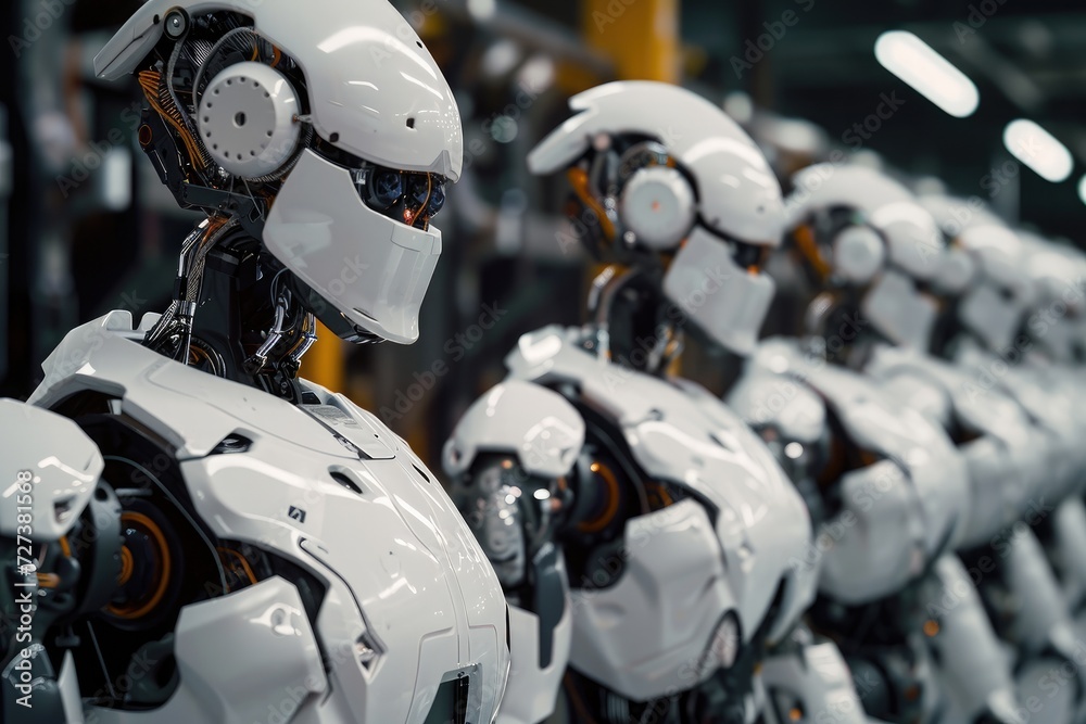Poster a group of identical white robots are lined up in a row, standing closely beside each other, a group