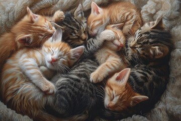 A collection of adorable kittens peacefully snooze in a cozy basket, creating an incredibly cute scene, A group of playful kittens curled up for a nap, AI Generated