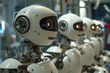 A row of white robots with glowing eyes standing in a line against a plain background, A group of robots in a robotics lab, AI Generated