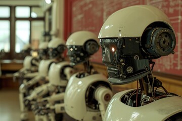 A group of white robots neatly arranged in a row inside a room, A group of robots in a robotics lab, AI Generated