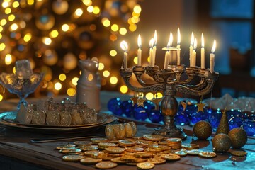 A table adorned with a multitude of shimmering gold coins, creating a scene of opulence and wealth, A Hanukkah table set with a menorah, dreidels, and gold gelt coins, AI Generated