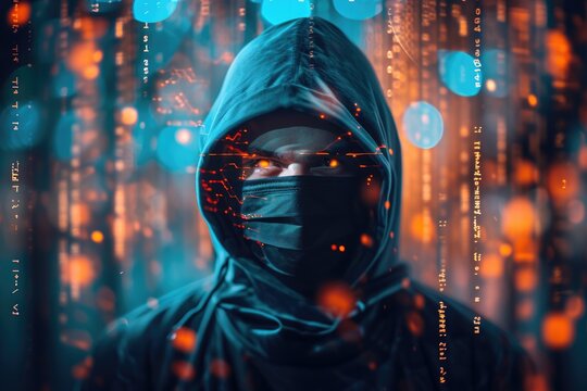 A photo capturing a person wearing a hood and a face mask, highlighting their protective measures in a public setting, A hacker wearing a mask surrounded by lines of code, AI Generated